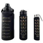 Motivacijska sportska boca 3 u 1, 2000 ml + 900 ml + 300 ml, crna