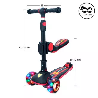 Dječji romobil na tri kotača Story 2u1 Deluxe sa svjetlećim kotačima mini romobil, crno-crveni