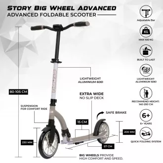 Sklopivi romobil Story Big Wheel Advanced 200 mm, sivi
