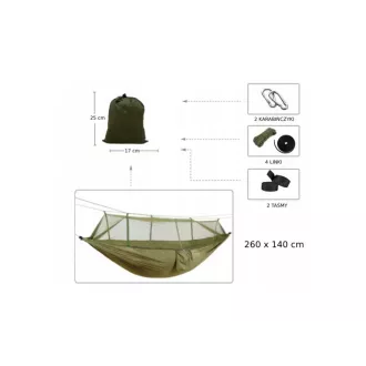 Viseća mreža za kampiranje 260x140 cm, za jednu osobu, nosivost do 190 kg, zelena