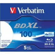 VERBATIM BD-R XL (paket od 5) Blu-Ray / Jewel / DL / 4x / 100 GB / ŠIROKI BIJELI INKJET ZA ISPIŠIVANJE Tvrdi premaz