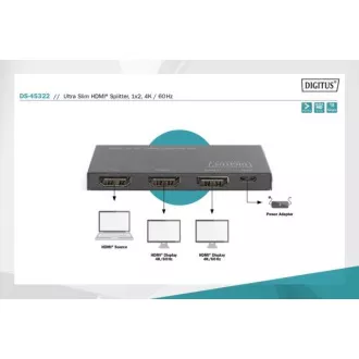 Digitus Ultra Slim HDMI Splitter, 1x2, 4K / 60Hz HDR, HDCP 2.2, 18 Gbps, Micro USB napajanje