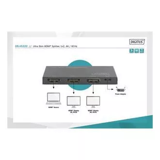 Digitus Ultra Slim HDMI Splitter, 1x2, 4K / 60Hz HDR, HDCP 2.2, 18 Gbps, Micro USB napajanje