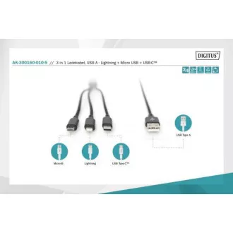 USB kabel za punjenje, 3 u 1, USB A - Lightning+micro B+Type-C 1m, kabel, pamuk, CE, bijeli