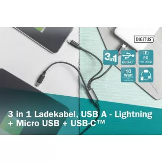 USB kabel za punjenje, 3 u 1, USB A - Lightning+micro B+Type-C 1m, kabel, pamuk, CE, bijeli