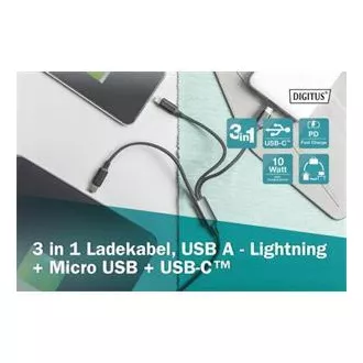 USB kabel za punjenje, 3 u 1, USB A - Lightning+micro B+Type-C 1m, kabel, pamuk, CE, bijeli