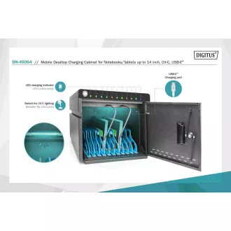 DIGITUS mobile desktop punjač za tablete do 14 inča, 10 uređaja. UV-C, USB-C (do 20 W po uređaju