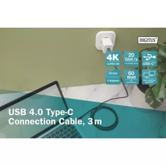 DIGITUS USB 4 priključni kabel, TypeC na TypeC, AL-kućište PP pletenica 4K@60Hz, PD3.0, 20Gbits/s, 3m, bl.