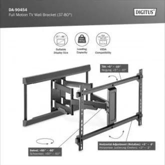 DIGITUS Potpuno pomični TV zidni nosač 37-80", 60 kg opterećenja max., VESA: 200x100, 200x200, 300x200, 400x200, 300x300, 400x300 DIGITUS Potpuno pomični TV zidni nosač 37-80", 60 kg opterećenja max., VESA: 200x100, 200x200, 300x200, 400x200, 300x300, 400x300