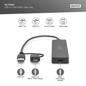 Digitus USB 3.0 Hub s 4 priključka, Slim Line, kabel od 0,2 m