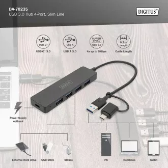 Digitus USB 3.0 Hub s 4 priključka, Slim Line, kabel od 0,2 m