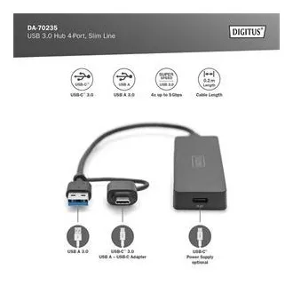Digitus USB 3.0 Hub s 4 priključka, Slim Line, kabel od 0,2 m