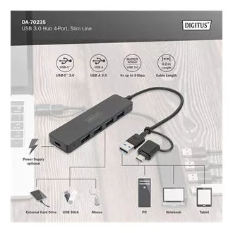 Digitus USB 3.0 Hub s 4 priključka, Slim Line, kabel od 0,2 m