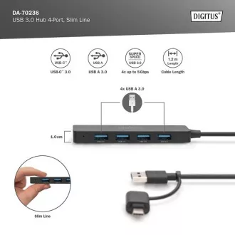 Digitus USB 3.0 Hub s 4 priključka, Slim Line, kabel od 1,2 m