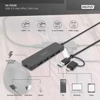 Digitus USB 3.0 Hub s 4 priključka, Slim Line, kabel od 1,2 m
