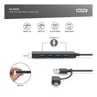 Digitus USB 3.0 Hub s 4 priključka, Slim Line, kabel od 1,2 m