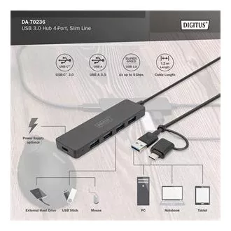 Digitus USB 3.0 Hub s 4 priključka, Slim Line, kabel od 1,2 m