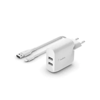 Belkin BOOST CHARGE™ Dual 24W USB-A zidni punjač + 1 m Lightning kabel, bijeli
