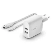 Belkin BOOST CHARGE™ Dual 24W USB-A zidni punjač + 1m USB-C kabel, bijeli