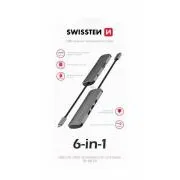 SWISSTEN USB-C HUB 6-U-1 (USB-C PD, 3x USB 3.0, SD, MICRO SD) ALUMINIJ