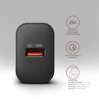 AXAGON ACU-QC18, Mrežni punjač 18W, 1x USB-A port, QC3.0/AFC/Apple, crni