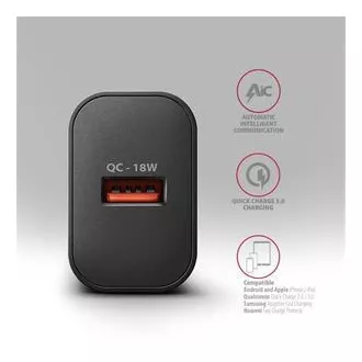 AXAGON ACU-QC18, Mrežni punjač 18W, 1x USB-A port, QC3.0/AFC/Apple, crni