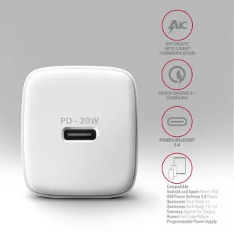 AXAGON ACU-PD20W, mrežni punjač 20W, 1x USB-C priključak, PD3.0/PPS/QC4+/AFC/Apple, bijeli AXAGON ACU-PD20W, mrežni punjač 20W, 1x USB-C priključak, PD3.0/PPS/QC4+/AFC/Apple, bijeli