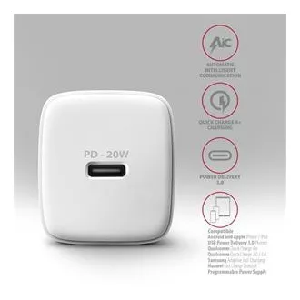 AXAGON ACU-PD20W, mrežni punjač 20W, 1x USB-C priključak, PD3.0/PPS/QC4+/AFC/Apple, bijeli AXAGON ACU-PD20W, mrežni punjač 20W, 1x USB-C priključak, PD3.0/PPS/QC4+/AFC/Apple, bijeli