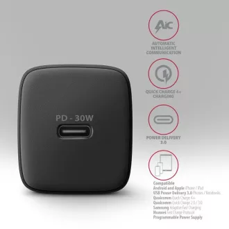 AXAGON ACU-PD30, Sil mrežni punjač 30W, 1x USB-C port, PD3.0/PPS/QC4+/SFC/AFC/Apple, crni AXAGON ACU-PD30, Sil mrežni punjač 30W, 1x USB-C port, PD3.0/PPS/QC4+/SFC/AFC/Apple, crni