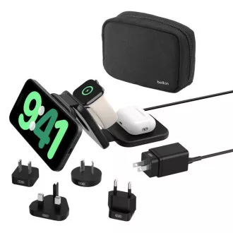 Belkin BOOST CHARGE™ PRO Qi2 3u1 bežična sklopiva putna podloga za iPhone/Apple Watch/AirPods, crna + adapteri
