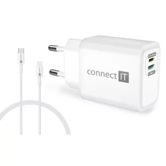 CONNECT IT DUPLEX Adapter za punjenje 1xLightning + 1xUSB-C, 20W, kabel 27W, BIJELI