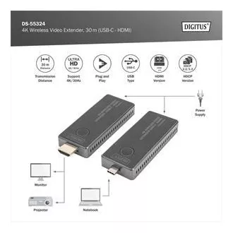 DIGITUS DS-55324 4K bežični video ekstender set, 30 m (USB-C - HDMI)