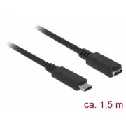 Delock Produžni kabel SuperSpeed USB (USB 3.1 Gen 1) USB Type-C™ muški > ženski priključak 3 A 1,5 m crni