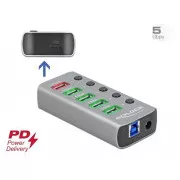 Delock USB 3.2 Gen 1 hub s 4 priključka + 1 priključak za brzo punjenje + 1 USB-C™ PD 3.0 priključak s prekidačem i osvjetljenjem