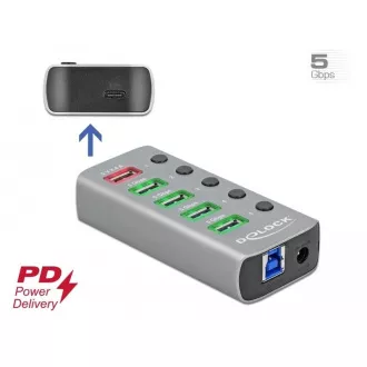 Delock USB 3.2 Gen 1 hub s 4 priključka + 1 priključak za brzo punjenje + 1 USB-C™ PD 3.0 priključak s prekidačem i osvjetljenjem