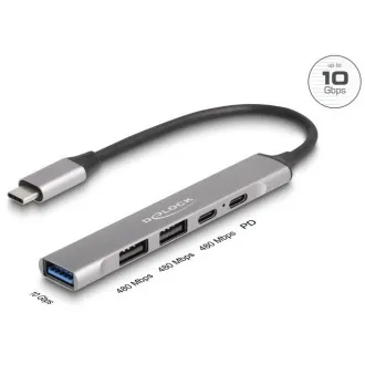Delock tanki USB Type-C™ razdjelnik s 4 priključka s 1 x USB 10 Gbps Type-A + 2 x USB 2.0 Type-A + 1 x USB 2.0 USB Type-C™ i PD 9