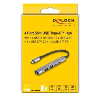 Delock tanki USB Type-C™ razdjelnik s 4 priključka s 1 x USB 10 Gbps Type-A + 2 x USB 2.0 Type-A + 1 x USB 2.0 USB Type-C™ i PD 9
