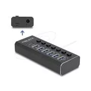 Delock USB hub sa 7 priključaka, 4 priključka 10 Gb/s i 4 priključka za brzo punjenje s prekidačem i osvjetljenjem