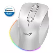 Miš Genius Ergo 9000S Pro, bežični, optički, 2400DPI, 6 gumba, BT, 2,4 GHz, USB-C punjenje, tiho, pozadinsko osvjetljenje u 7 boja, bijeli