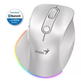 Miš Genius Ergo 9000S Pro, bežični, optički, 2400DPI, 6 gumba, BT, 2,4 GHz, USB-C punjenje, tiho, pozadinsko osvjetljenje u 7 boja, bijeli