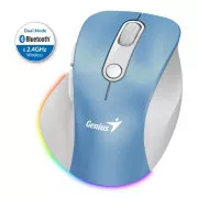 Miš Genius Ergo 9000S Pro, bežični, optički, 2400DPI, 6 tipki, BT, 2,4 GHz, USB-C punjenje, tihi, pozadinsko osvjetljenje u 7 boja, plavo-bijeli