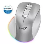 Genius Ergo 9000S Pro miš, bežični, optički, 2400DPI, 6 gumba, BT, 2,4 GHz, USB-C punjenje, tiho, pozadinsko osvjetljenje u 7 boja, srebrni