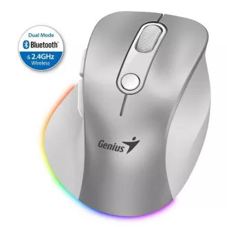 Genius Ergo 9000S Pro miš, bežični, optički, 2400DPI, 6 gumba, BT, 2,4 GHz, USB-C punjenje, tiho, pozadinsko osvjetljenje u 7 boja, srebrni