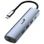 Genius UH-545 USB Hub, vanjski, USB-C do 3x USB 3.0, 1x USB-C, RJ-45 Gigabit Ethernet, 15 cm, sivi