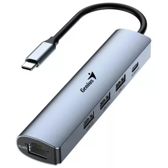 Genius UH-545 USB Hub, vanjski, USB-C do 3x USB 3.0, 1x USB-C, RJ-45 Gigabit Ethernet, 15 cm, sivi