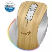 Genius Ergo 9000S Pro miš, bežični, optički, 2400DPI, 6 tipki, Bluetooth, 2.4GHz, USB-C punjenje, tihi, baza sa 7 stupića, borovina