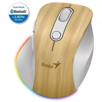Genius Ergo 9000S Pro miš, bežični, optički, 2400DPI, 6 tipki, Bluetooth, 2.4GHz, USB-C punjenje, tihi, baza sa 7 stupića, borovina