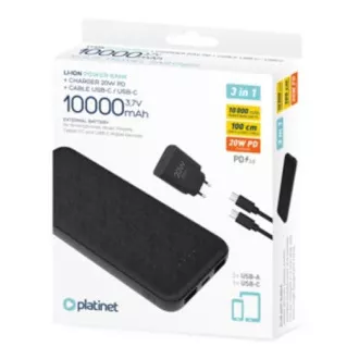 PLATINET POWER BANK 10000 mAh + PD PUNJAČ 20W + USB-C kabel crni PLATINET POWER BANK 10000 mAh + PD PUNJAČ 20W + USB-C kabel crni