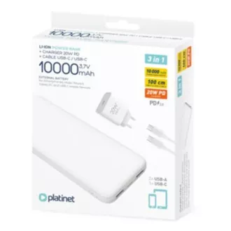 PLATINET POWER BANK 10000 mAh + PD PUNJAČ 20W + USB-C kabel bijeli