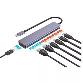 PLATINET HUB 7u1 10GB USB-C NA 4X USB-C 3.2 GEN2 + 2X USB-A 3.2 GEN1 + 1X USB-C PD 100W ALU